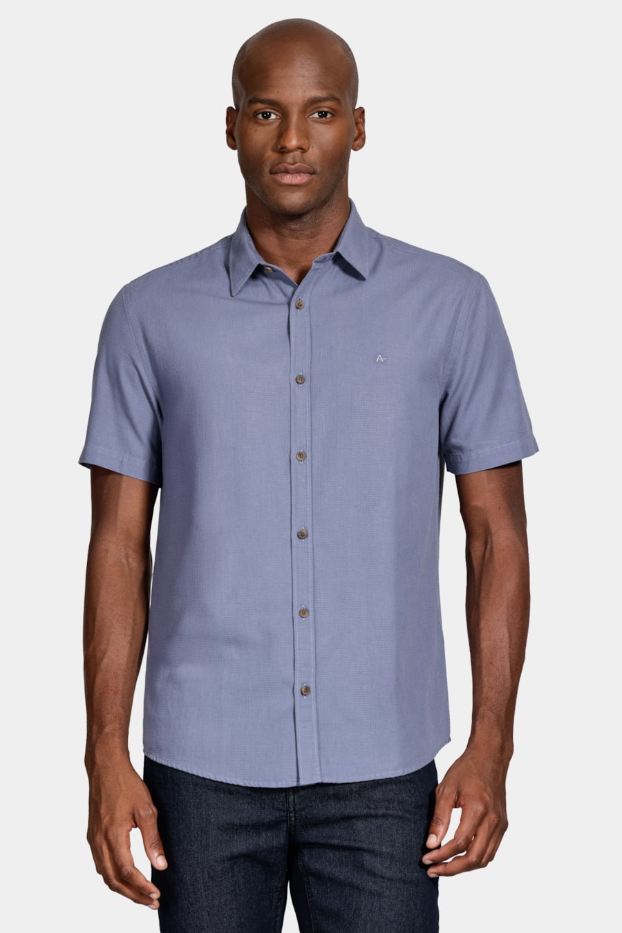 Camisa Manga Curta Textura Quadriculada Mini Azul Jeans — foto 1 de 6