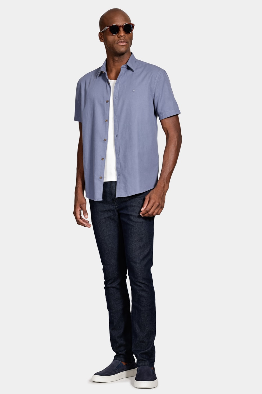 Camisa Manga Curta Textura Quadriculada Mini Azul Jeans — foto 2 de 6