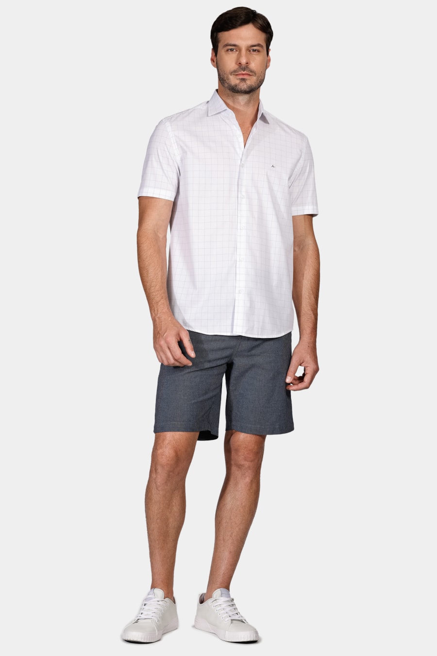 Camisa Manga Curta Tricoline Xadrez Branco — foto 2 de 5