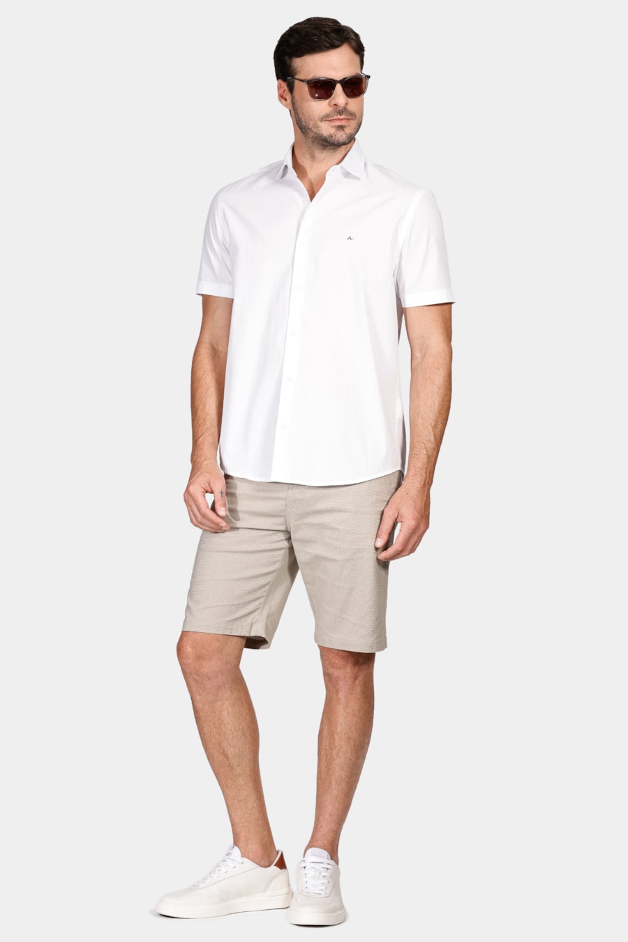 Camisa Manga Curta Tricoline Xadrez Branco Com Verde Claro — foto 2 de 5