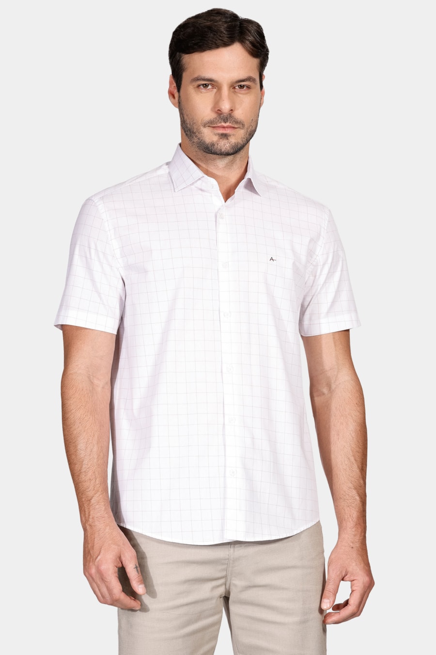 Camisa Manga Curta Tricoline Xadrez Branco e Coral — foto 1 de 5