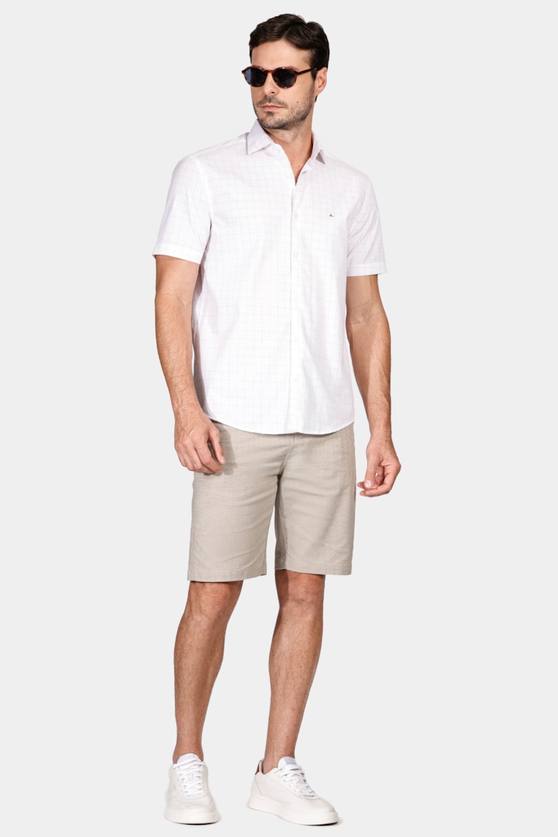 Camisa Manga Curta Tricoline Xadrez Branco e Coral