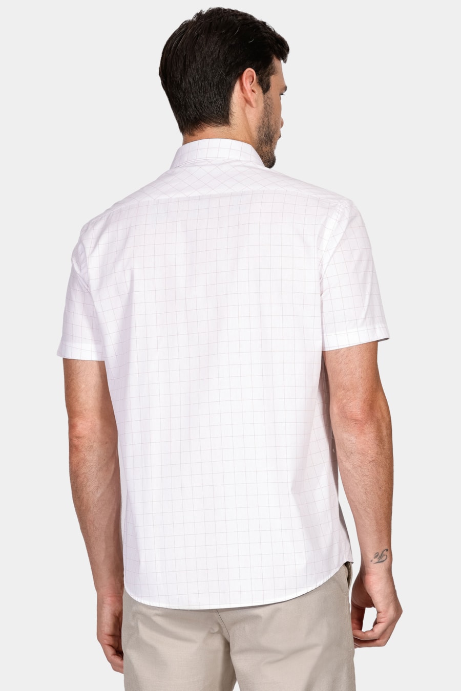 Camisa Manga Curta Tricoline Xadrez Branco e Coral — foto 4 de 5