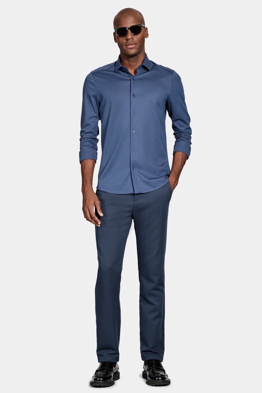 Camisa Manga Longa Algodão Jersey Mercerizada Azul Escuro — foto 2 de 6