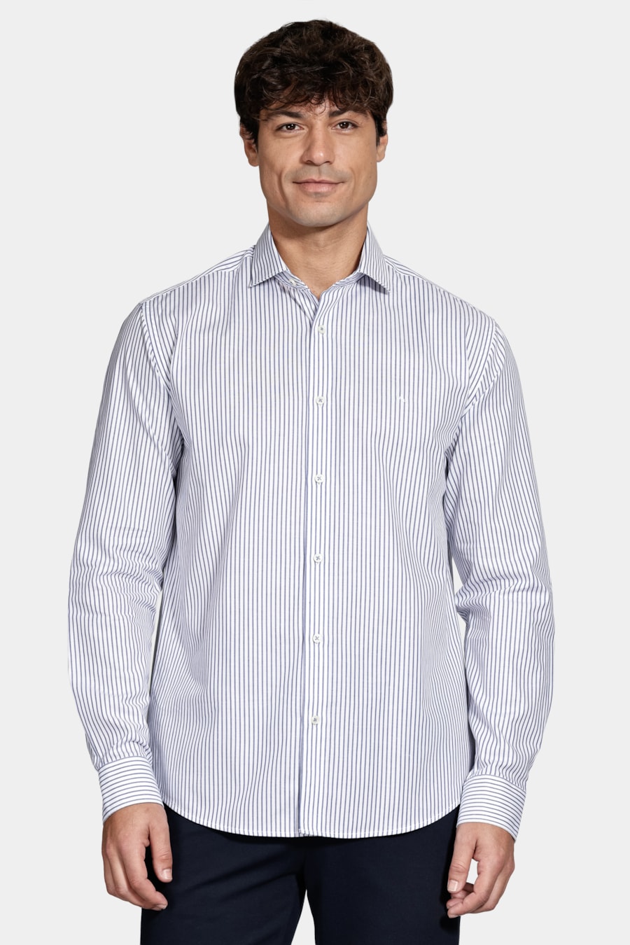 Camisa Manga Longa Algodão Listrada Branco C/Azul — foto 1 de 6