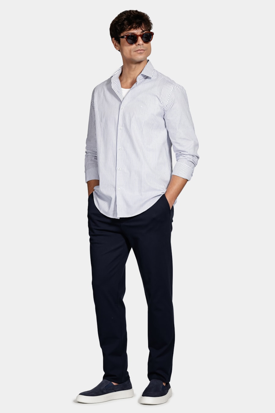 Camisa Manga Longa Algodão Listrada Branco C/Azul — foto 2 de 6