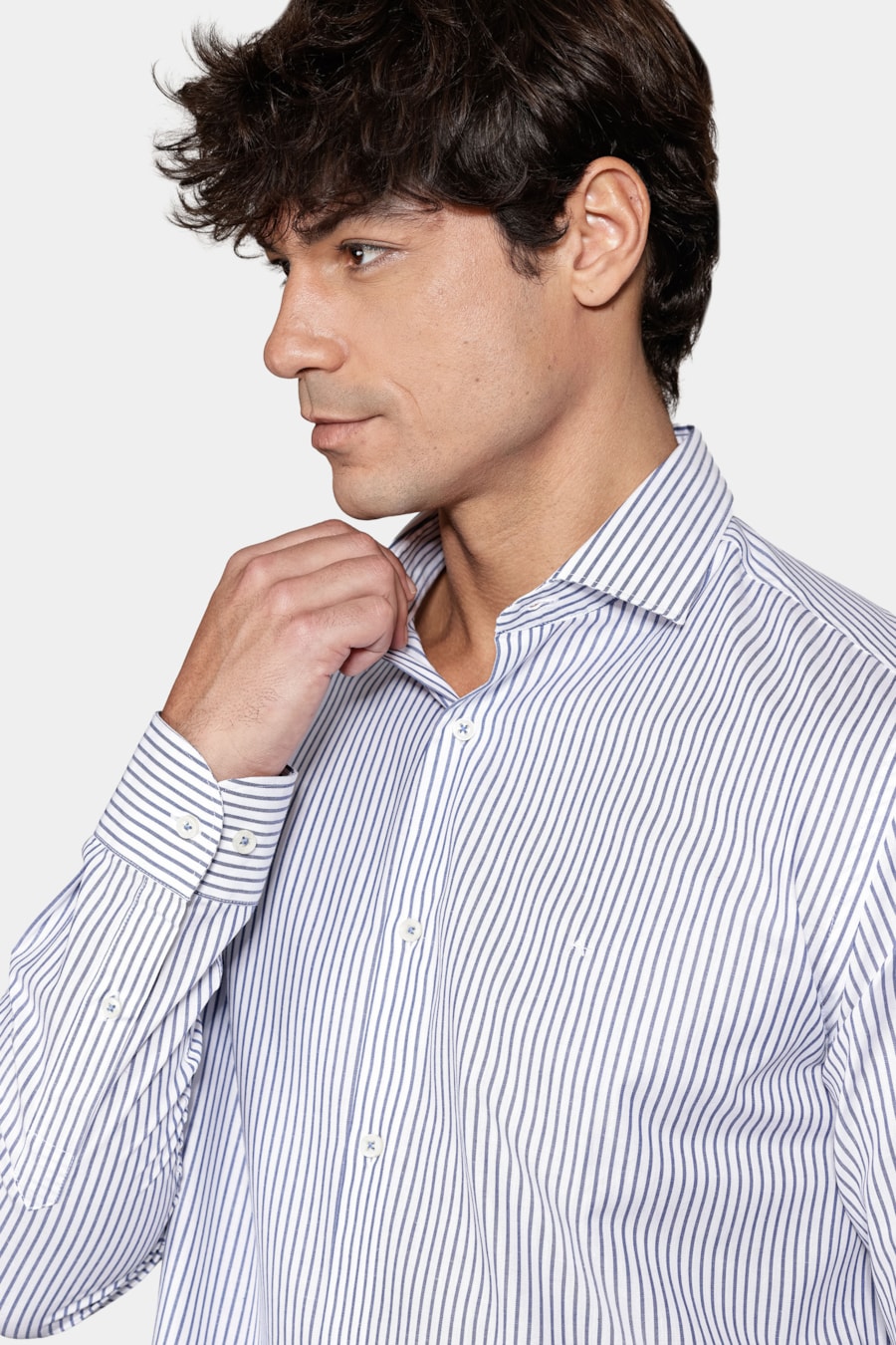 Camisa Manga Longa Algodão Listrada Branco C/Azul — foto 3 de 6