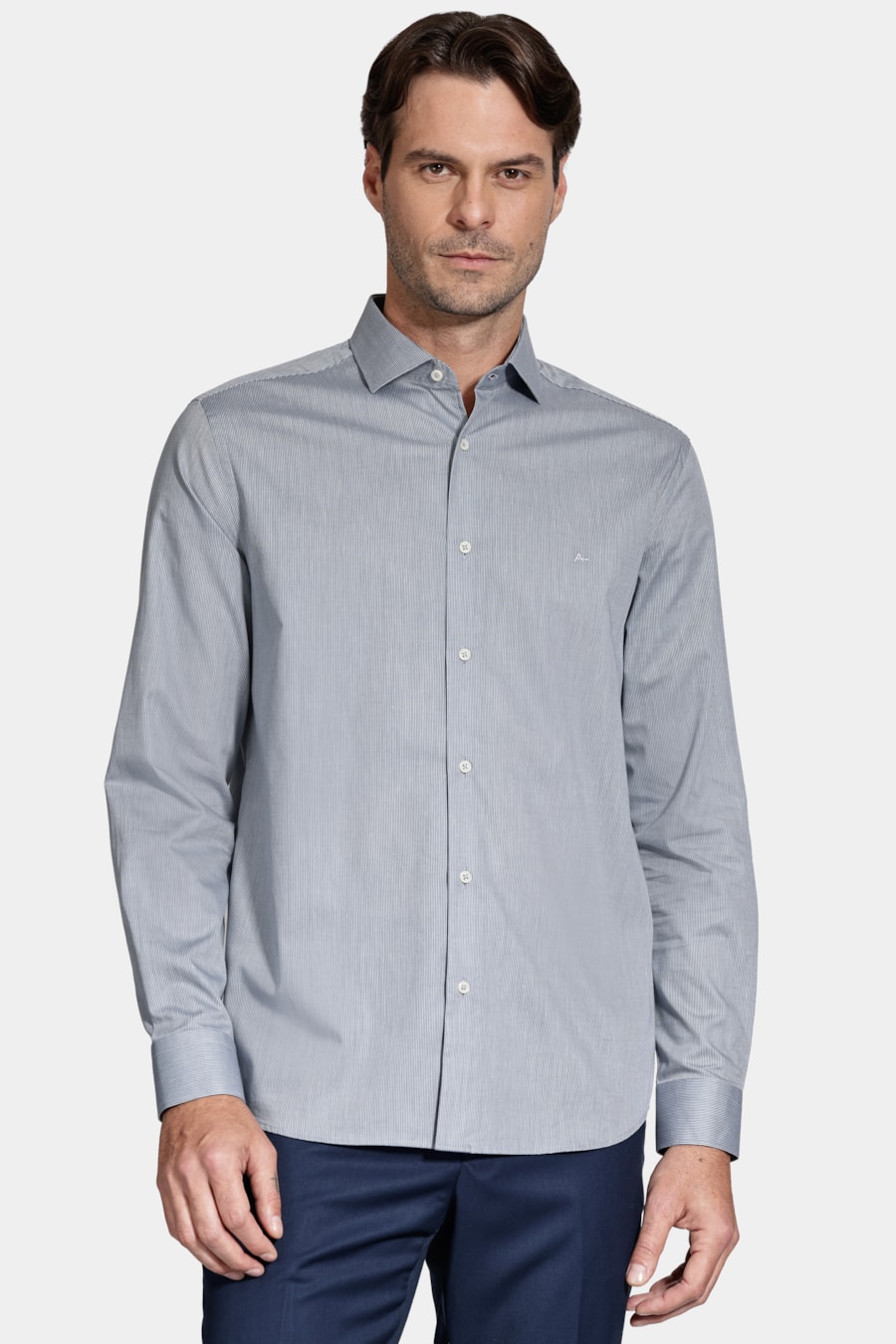 Camisa Manga Longa Algodão Listrada Branco C/Azul — foto 1 de 6