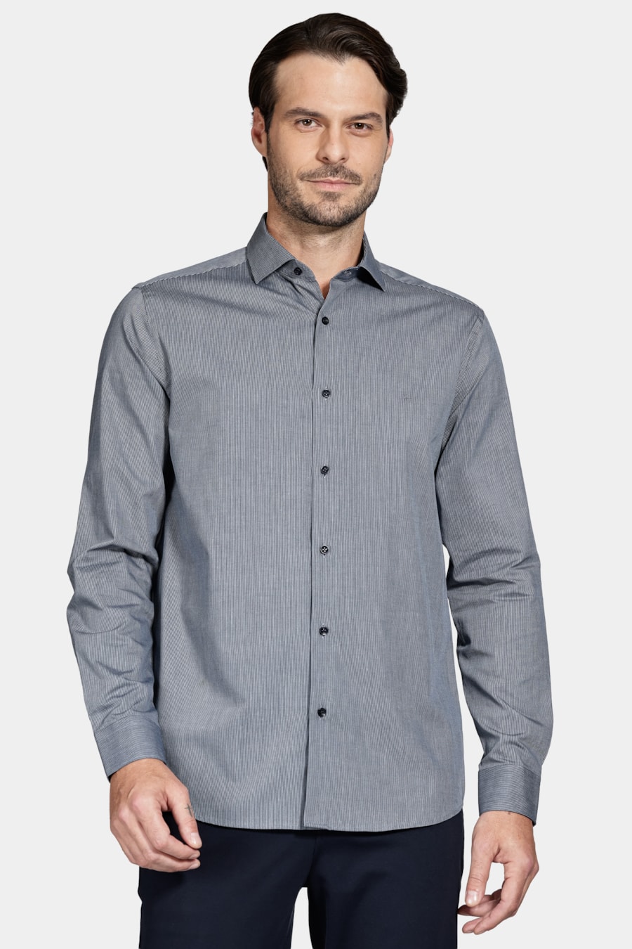 Camisa Manga Longa Algodão Listrada Marinho/Azul Claro — foto 1 de 6