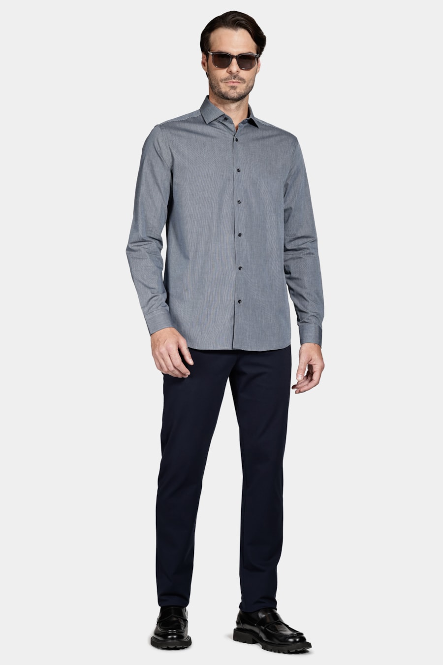 Camisa Manga Longa Algodão Listrada Marinho/Azul Claro — foto 2 de 6