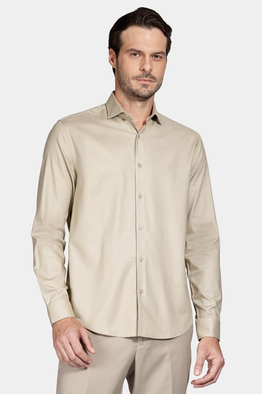 Camisa Manga Longa Algodão Maquineta Stretch Caqui — foto 1 de 6