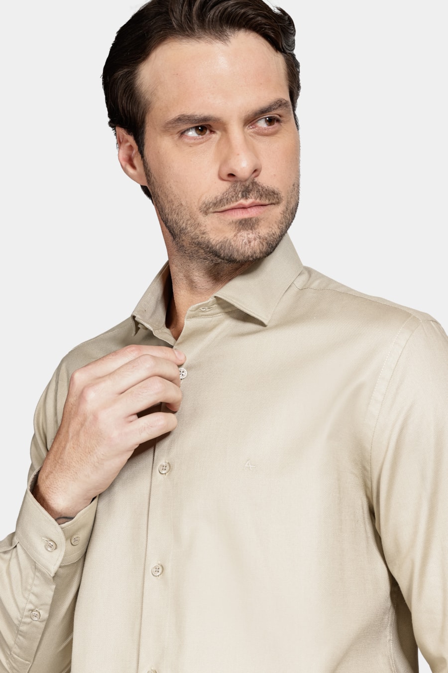 Camisa Manga Longa Algodão Maquineta Stretch Caqui — foto 3 de 6