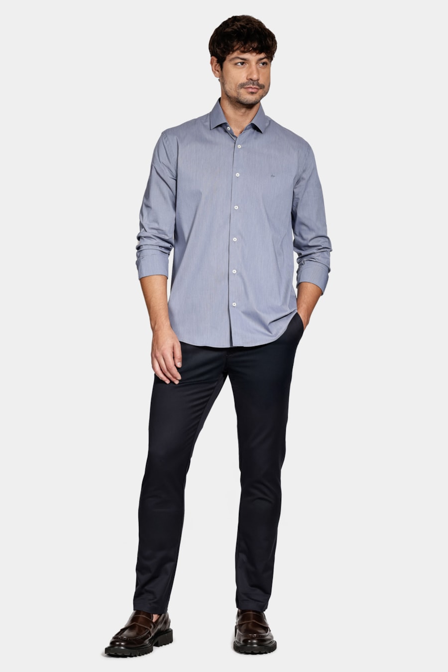 Camisa Manga Longa Algodão Tech Xadrez Branco/Azul Jeans — foto 2 de 6