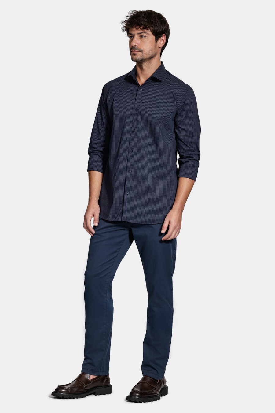 Camisa Manga Longa Algodão Tech Xadrez Marinho C/ Azul Jeans — foto 2 de 6