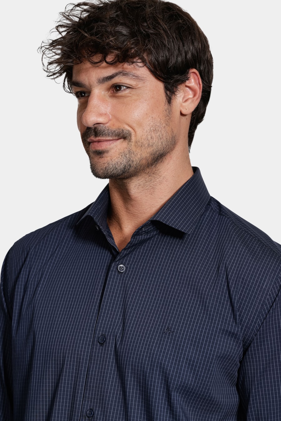 Camisa Manga Longa Algodão Tech Xadrez Marinho C/ Azul Jeans — foto 3 de 6