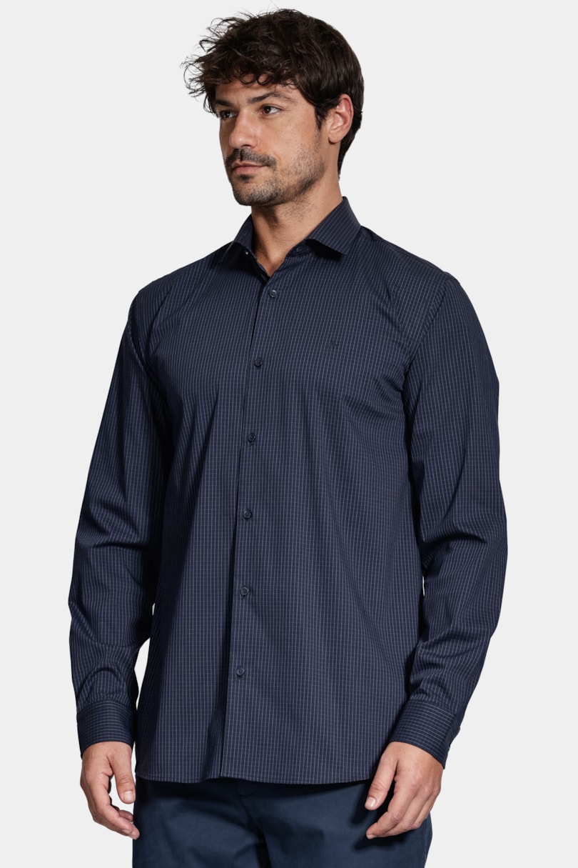 Camisa Manga Longa Algodão Tech Xadrez Marinho C/ Azul Jeans