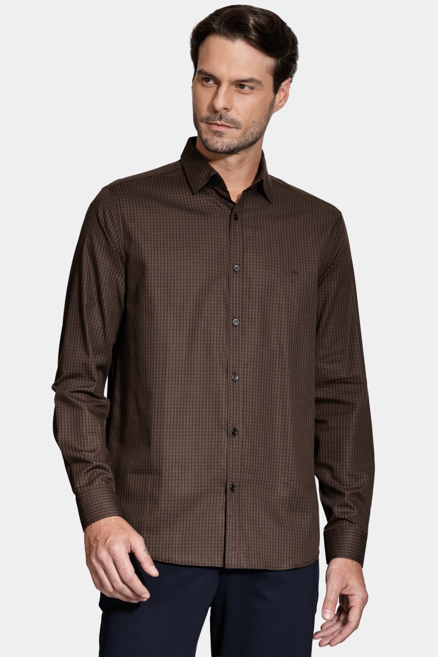Camisa Manga Longa Algodão Xadrez Vichy Café Com Preto — foto 1 de 6