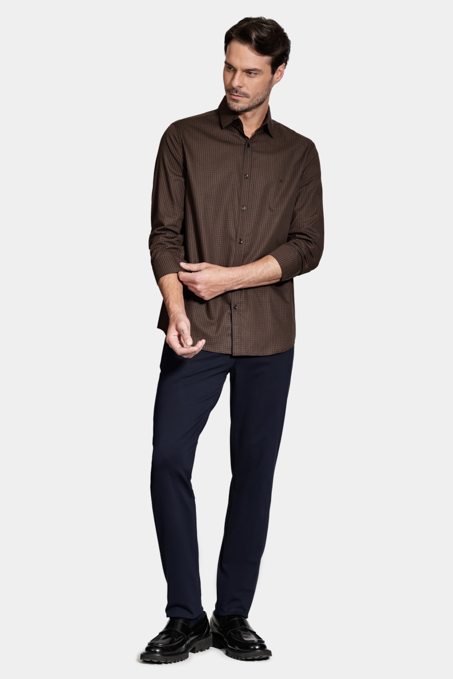 Camisa Manga Longa Algodão Xadrez Vichy Café Com Preto — foto 2 de 6