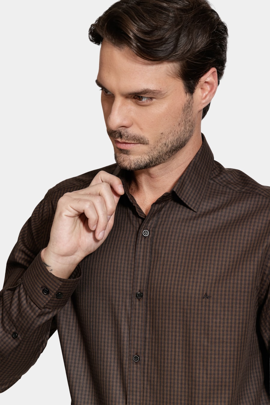 Camisa Manga Longa Algodão Xadrez Vichy Café Com Preto — foto 3 de 6