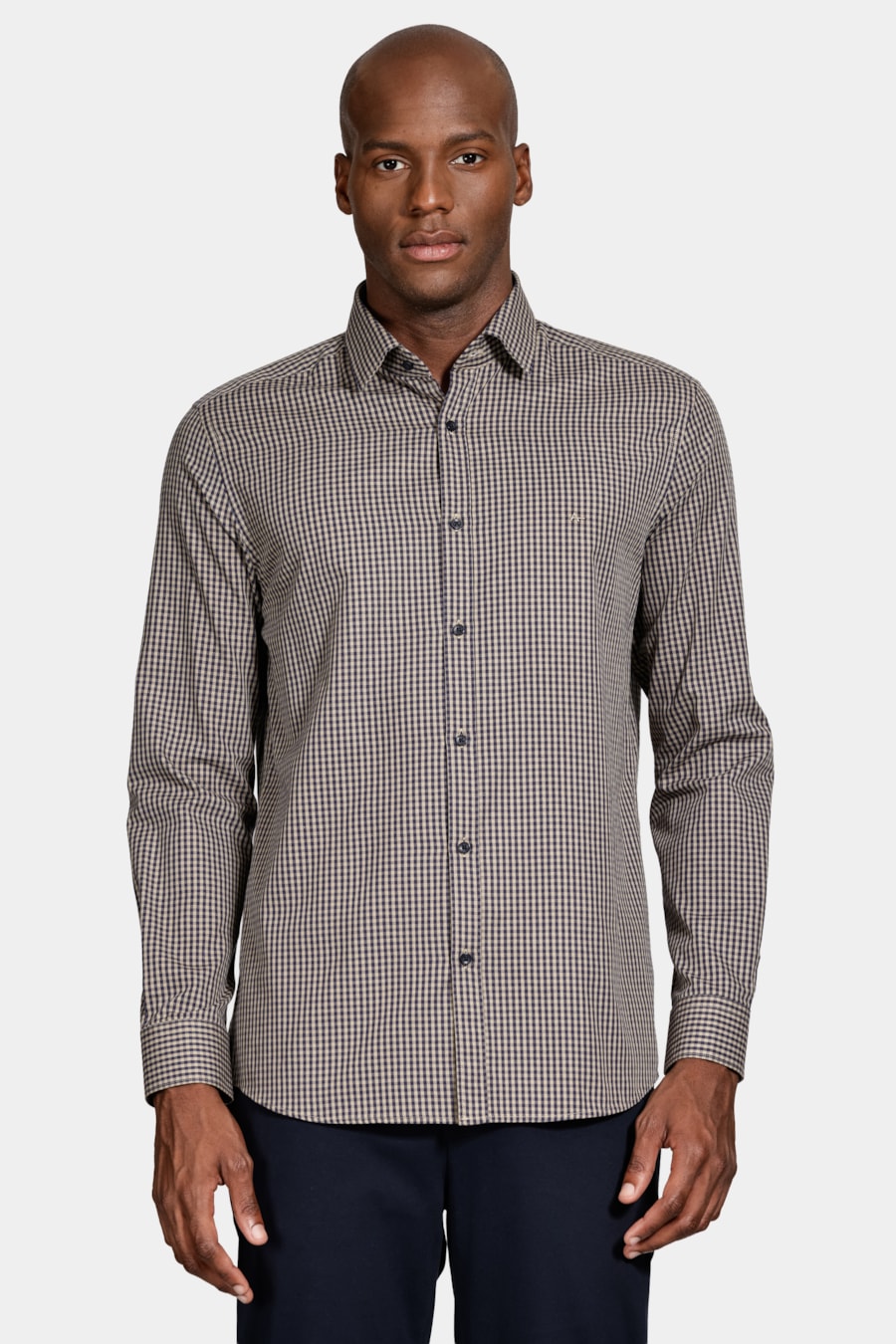 Camisa Manga Longa Algodão Xadrez Vichy Marinho/Caqui — foto 1 de 6