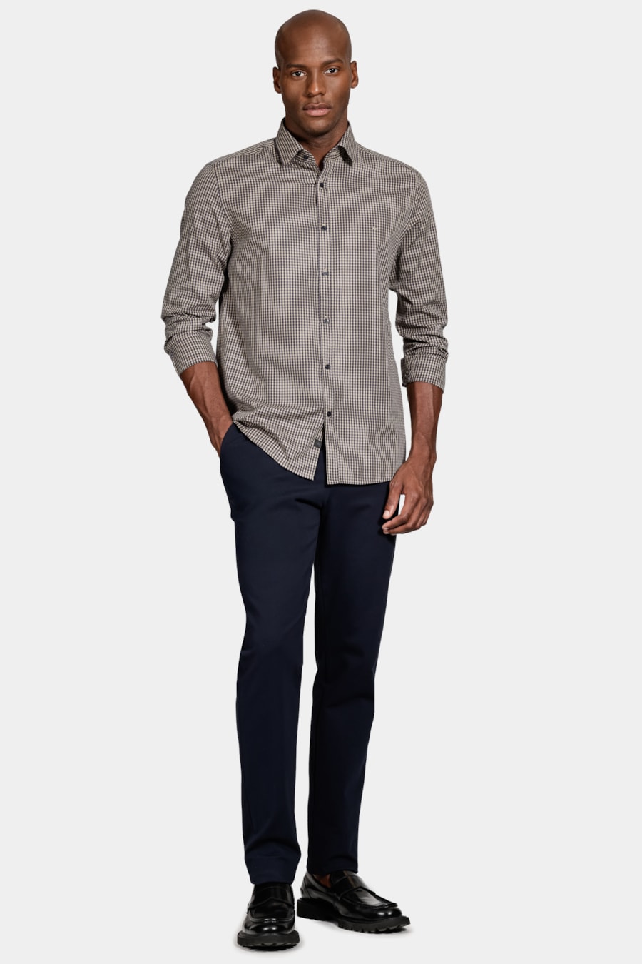 Camisa Manga Longa Algodão Xadrez Vichy Marinho/Caqui — foto 2 de 6