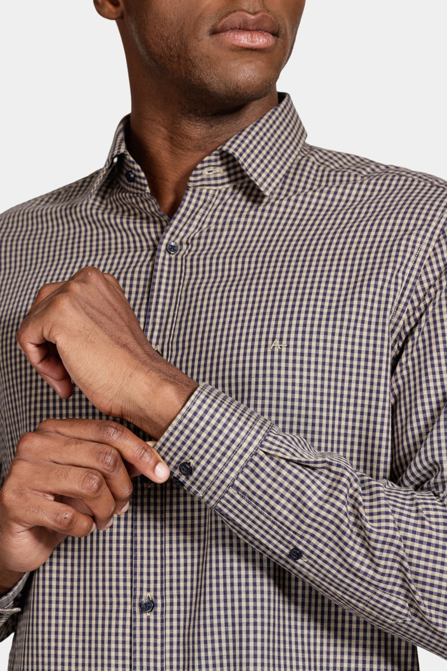 Camisa Manga Longa Algodão Xadrez Vichy Marinho/Caqui — foto 3 de 6