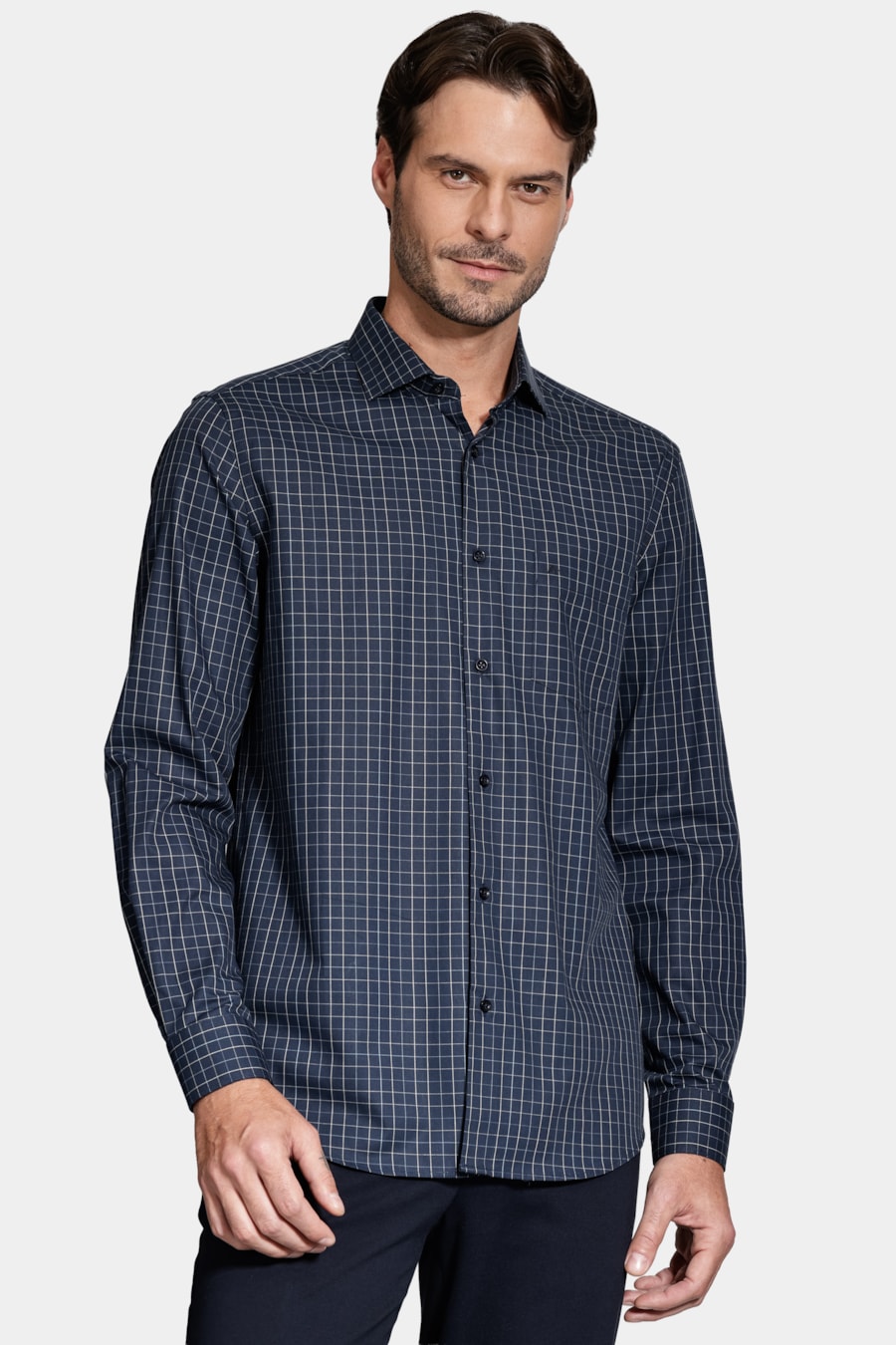 Camisa Manga Longa Cosmo Regular Mini Xadrez Marinho C/Cinza — foto 1 de 6