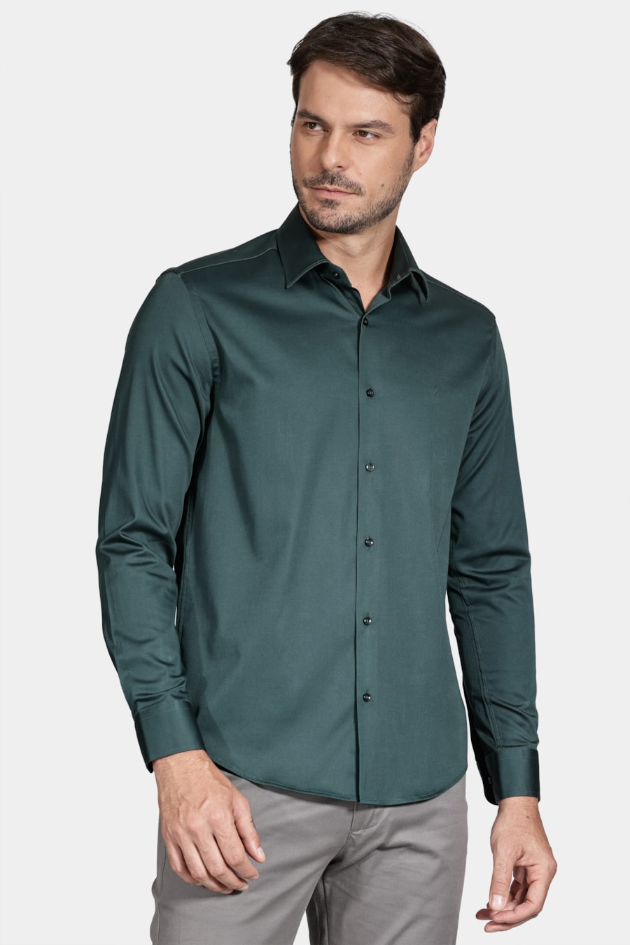 Camisa Manga Longa Cosmo Slim Cetim Com Elastano Hudson Verde Escuro — foto 1 de 5