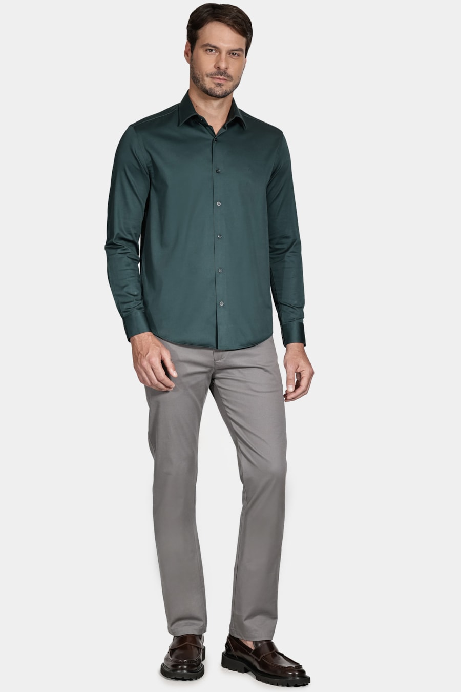 Camisa Manga Longa Cosmo Slim Cetim Com Elastano Hudson Verde Escuro — foto 2 de 5