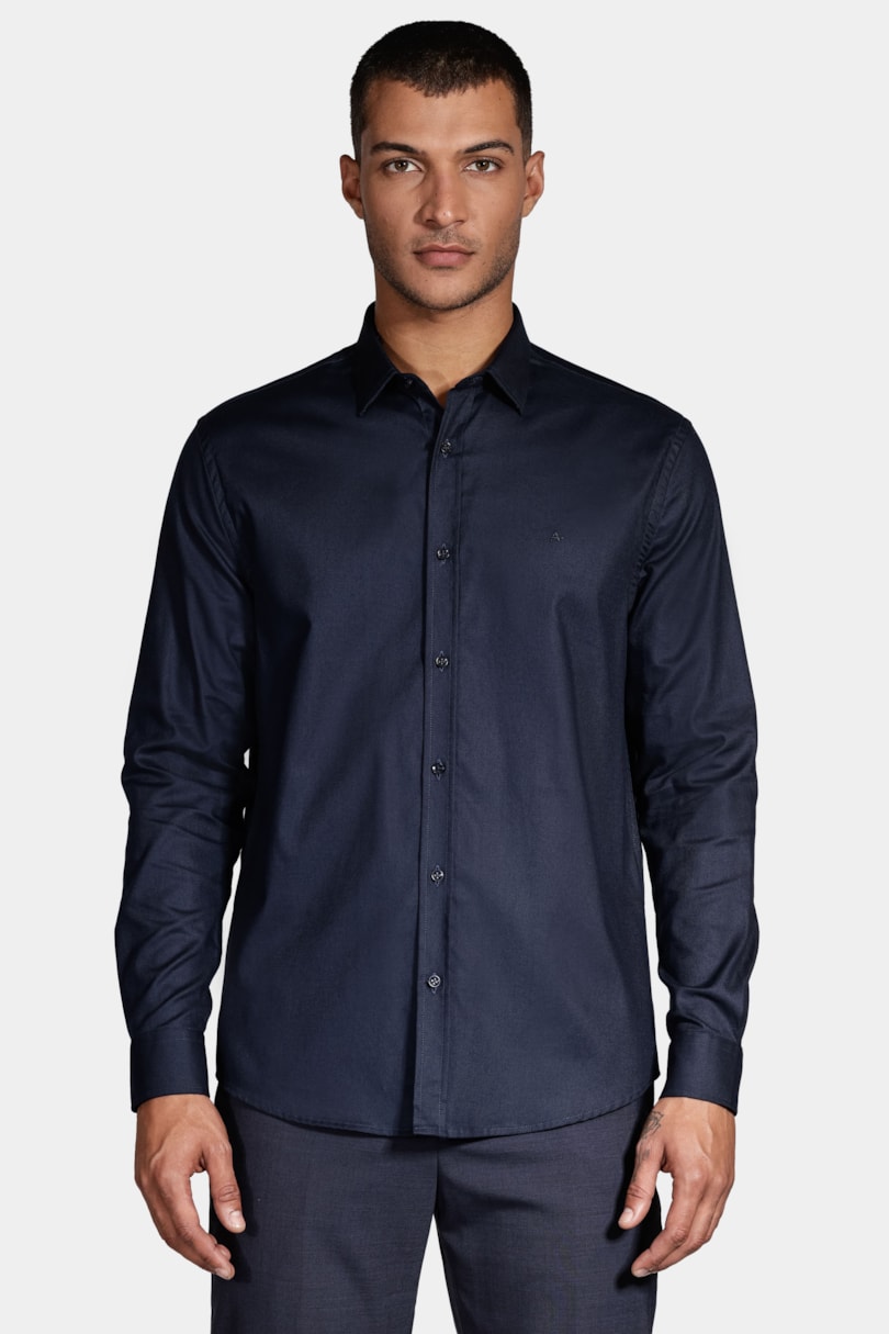 Camisa Manga Longa Cosmo Slim Stretch Maquinetada Lisa Marinho