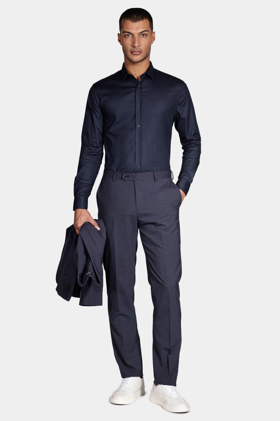Camisa Manga Longa Cosmo Slim Stretch Maquinetada Lisa Marinho — foto 2 de 5