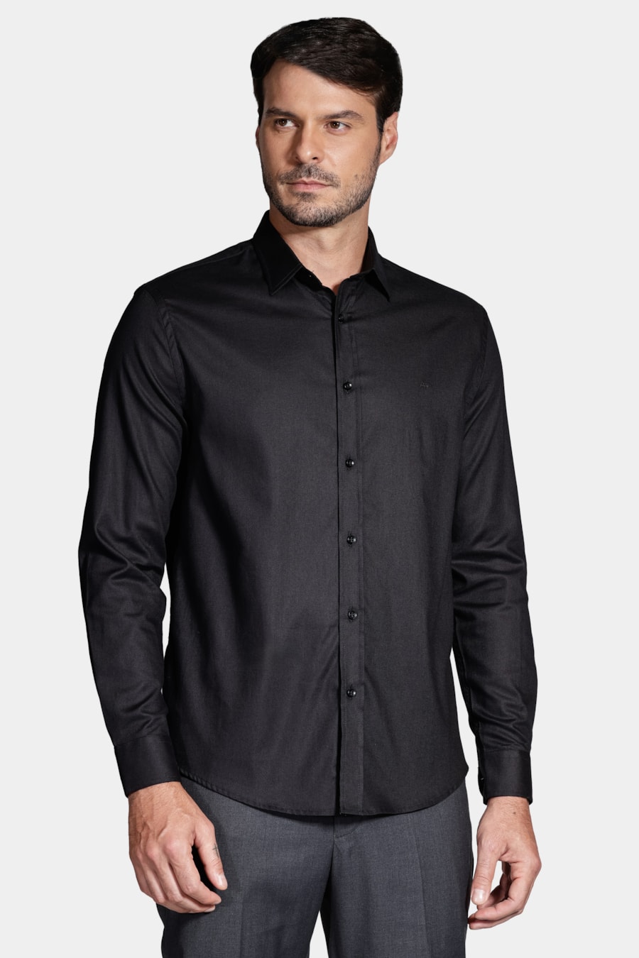 Camisa Manga Longa Cosmo Slim Stretch Maquinetada Lisa Preto — foto 1 de 5