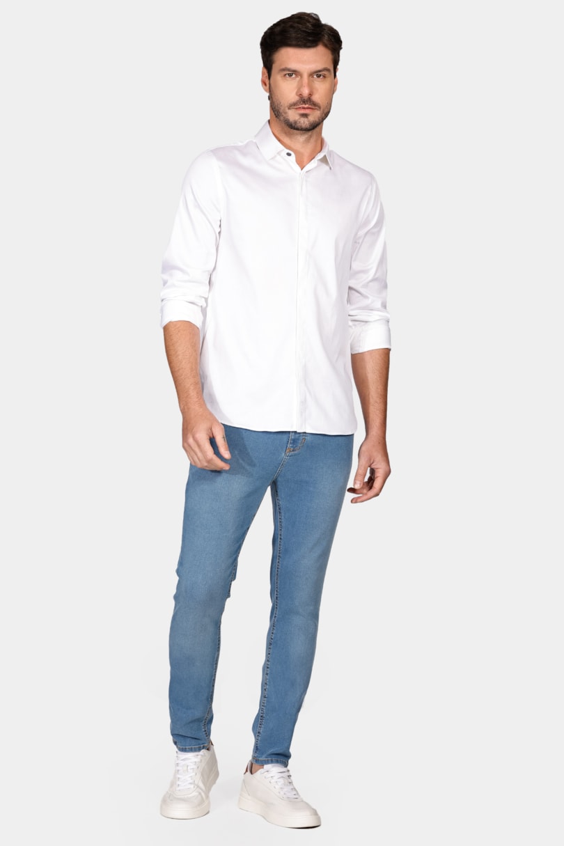 Camisa Manga Longa Icon Slim Cetim Stretch Branco