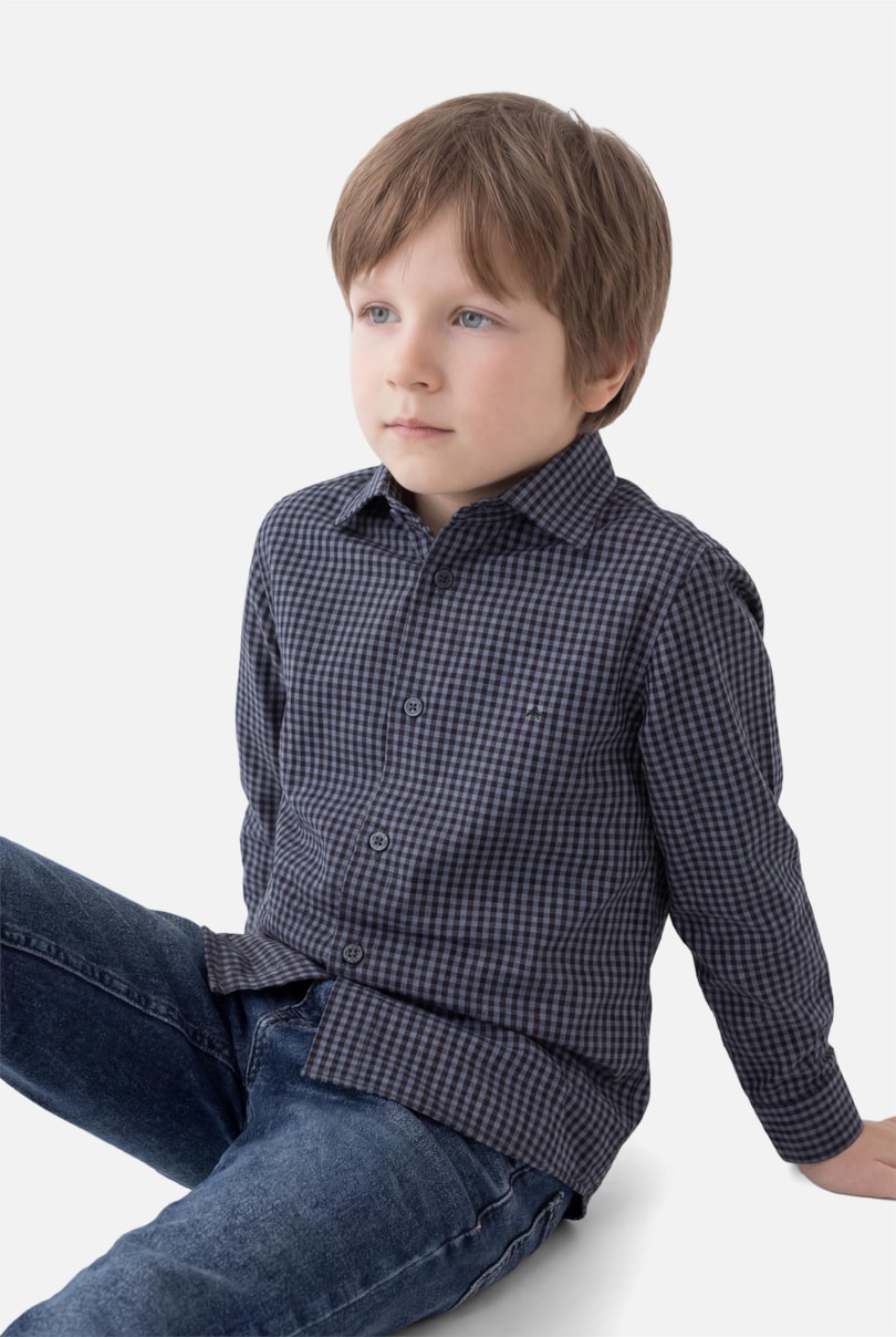 Camisa Manga Longa Infantil Algodão Damero Azul Medio C/ Preto