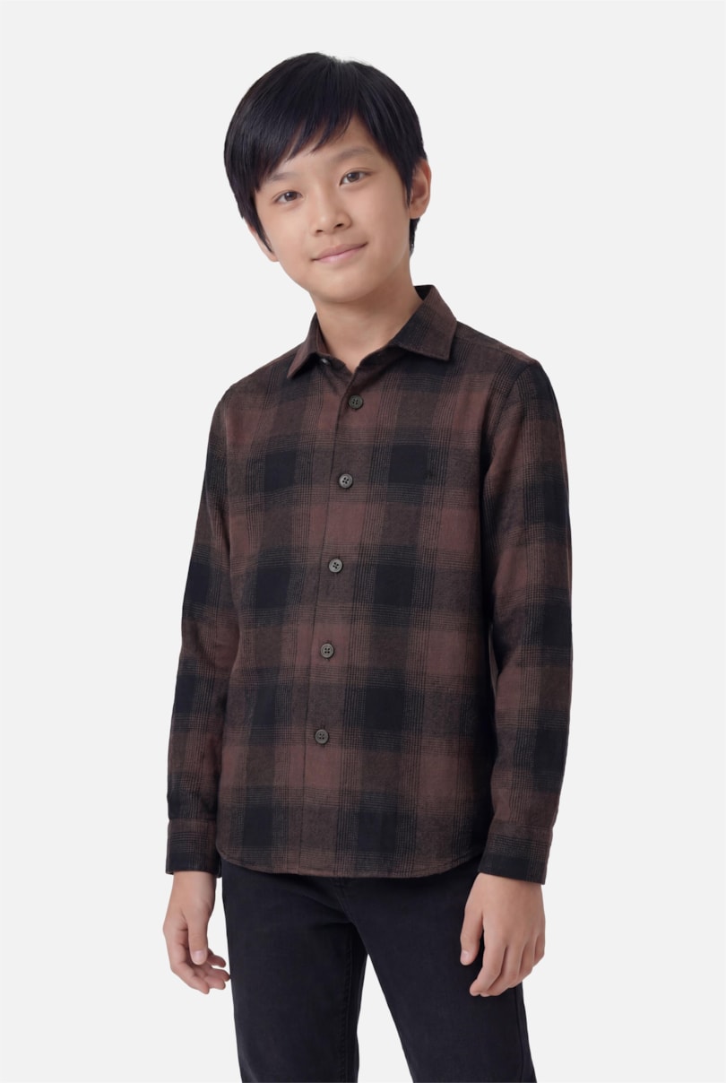 Camisa Manga Longa Infantil Flanela Xadrez Shadow Café Com Preto