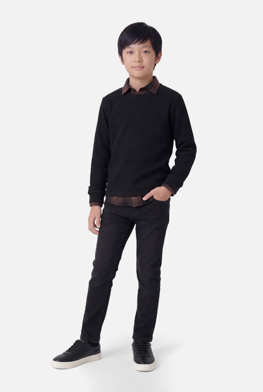 Camisa Manga Longa Infantil Flanela Xadrez Shadow Café Com Preto — foto 2 de 5