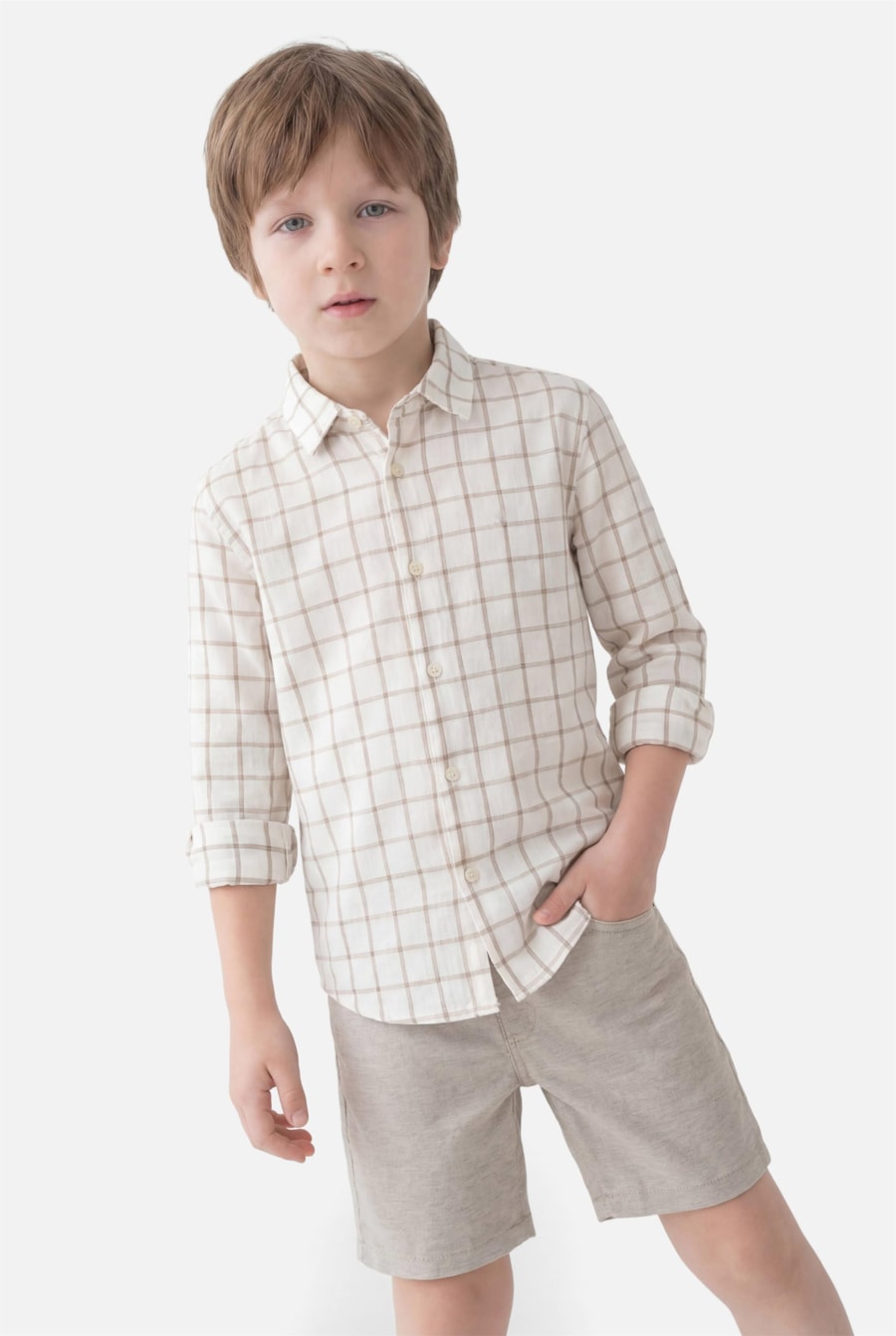 Camisa Manga Longa Infantil Grid Branco C/Caqui — foto 1 de 3