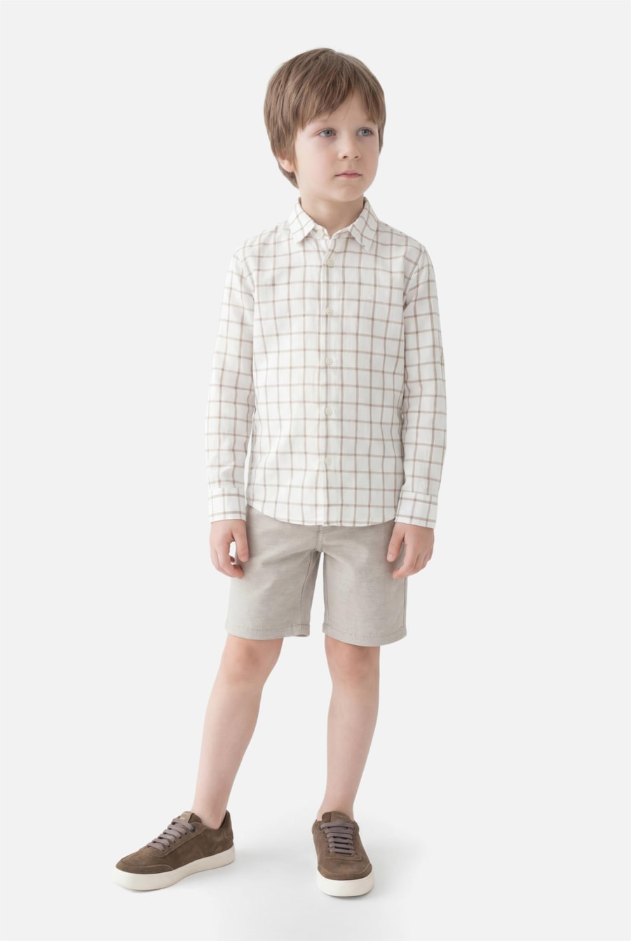 Camisa Manga Longa Infantil Grid Branco C/Caqui — foto 2 de 3