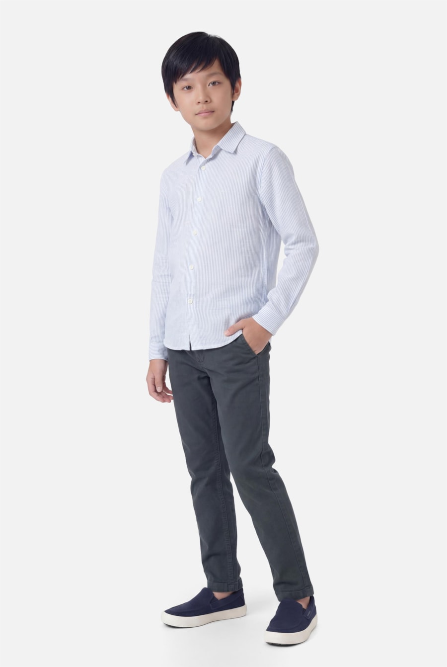 Camisa Manga Longa Infantil Listras Azul Branco C/Azul Claro — foto 2 de 4