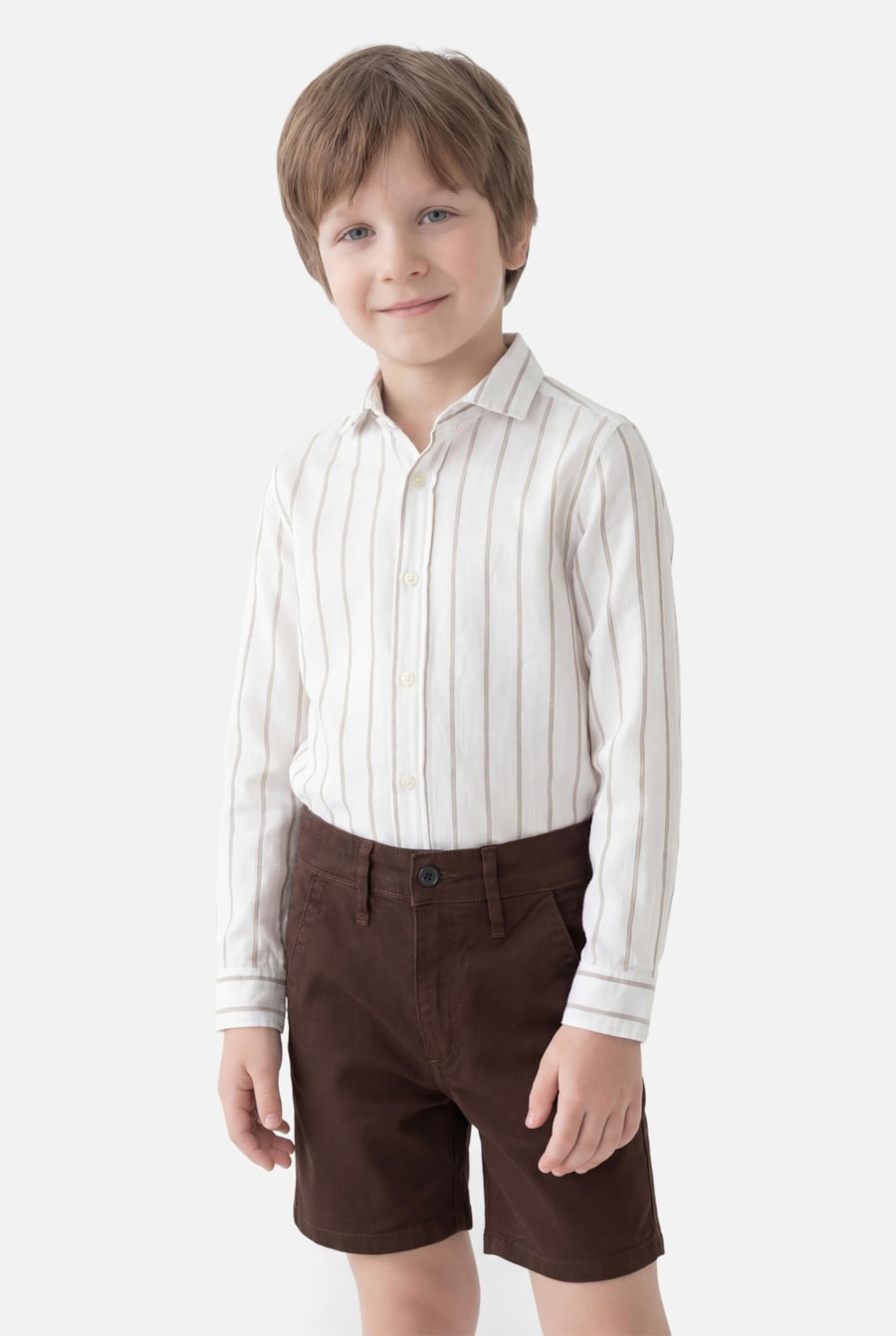 Camisa Manga Longa Infantil Listras Branco C/Caqui — foto 1 de 4