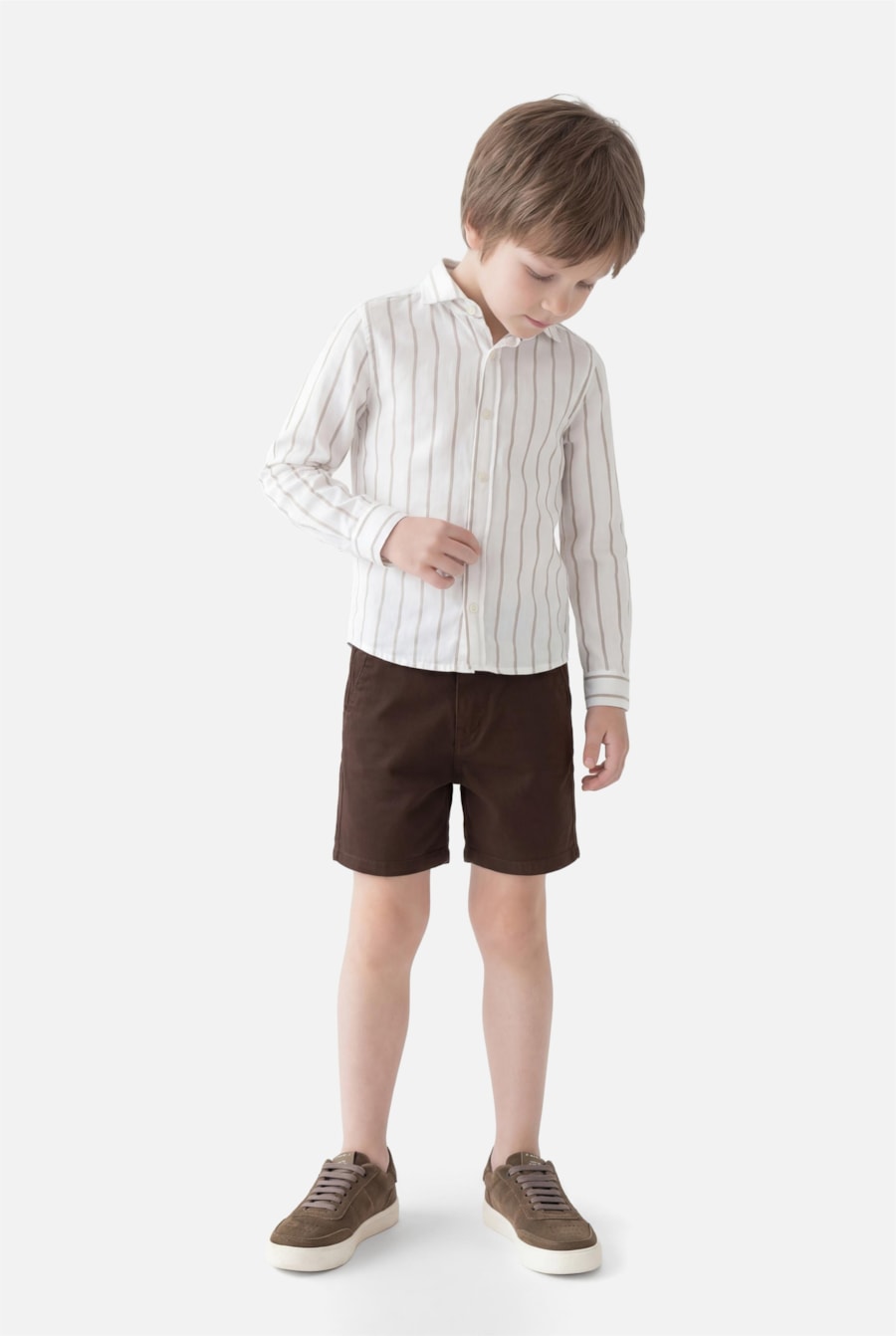 Camisa Manga Longa Infantil Listras Branco C/Caqui — foto 2 de 4