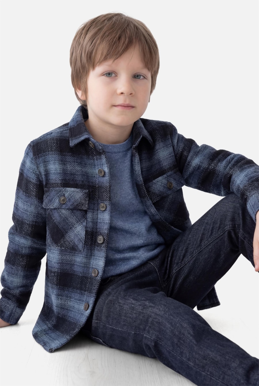 Camisa Manga Longa Infantil Overwinter Cotton Xadrez Azul C/ Preto — foto 1 de 5