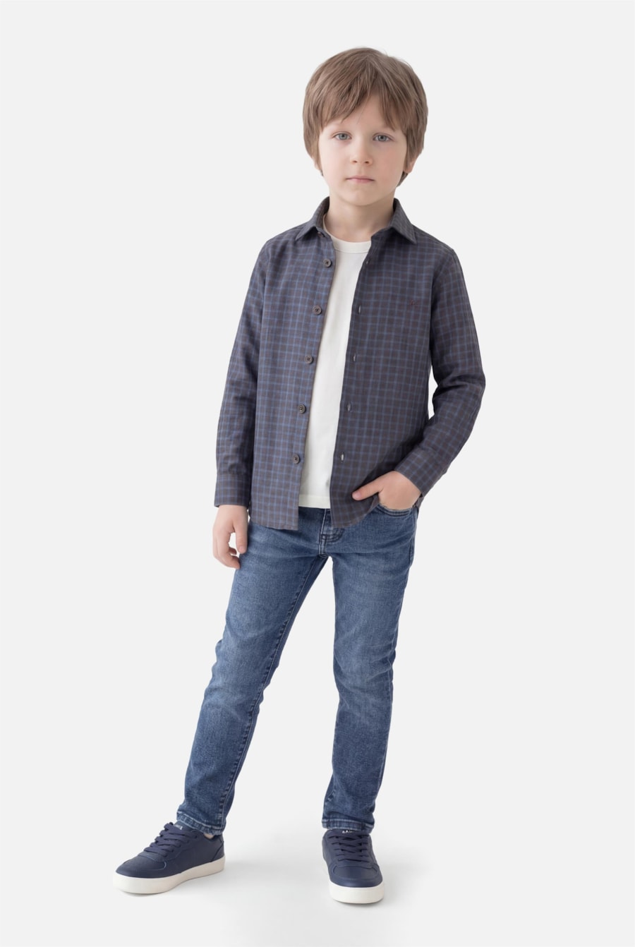 Camisa Manga Longa Infantil Regular Mini Xadrez Marinho C/Cafe — foto 2 de 5