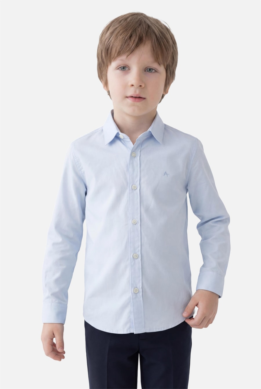 Camisa Manga Longa Infantil Tricoline Lisa - Não Ativar Mostruário Azul Claro — foto 1 de 4