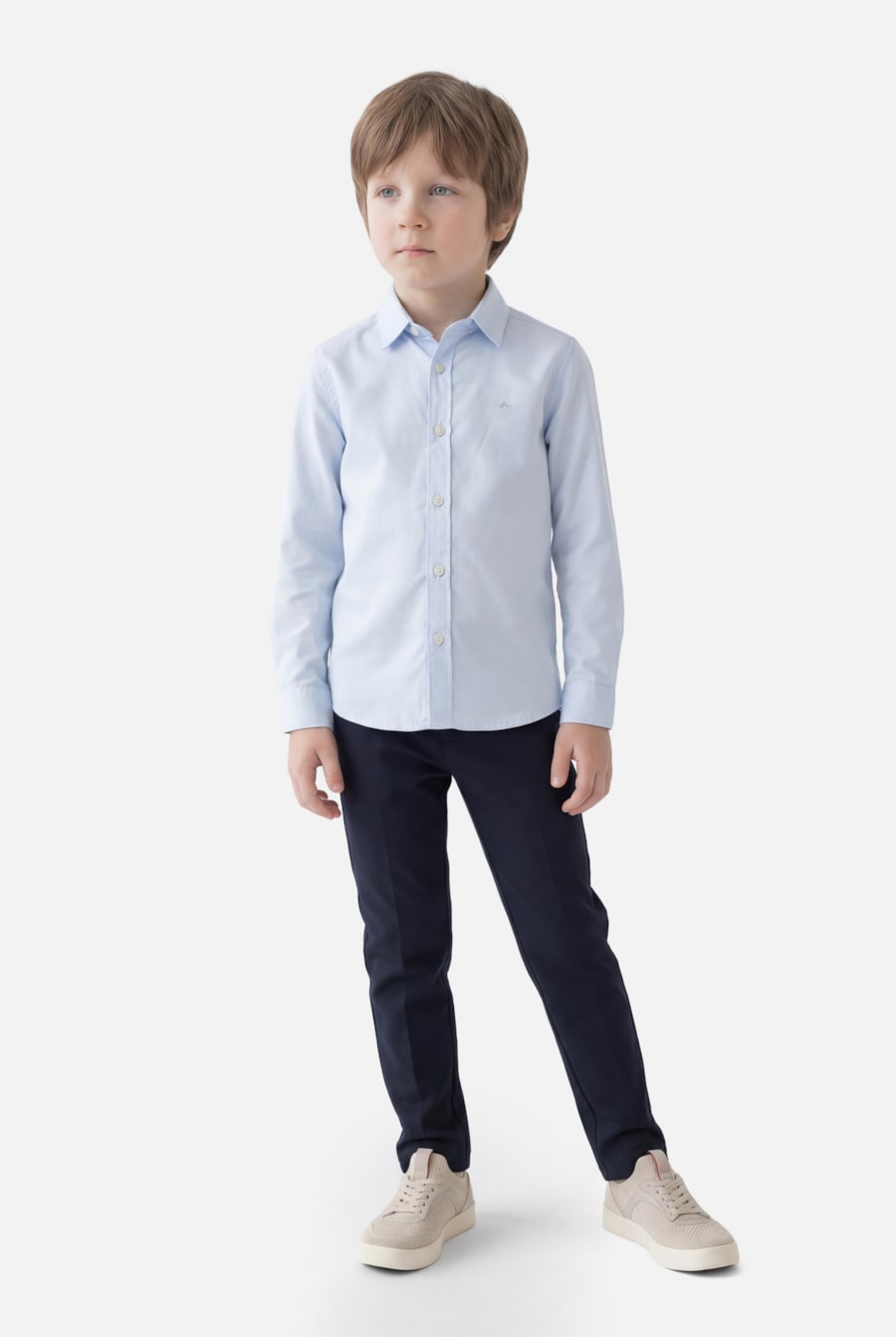 Camisa Manga Longa Infantil Tricoline Lisa - Não Ativar Mostruário Azul Claro — foto 2 de 4
