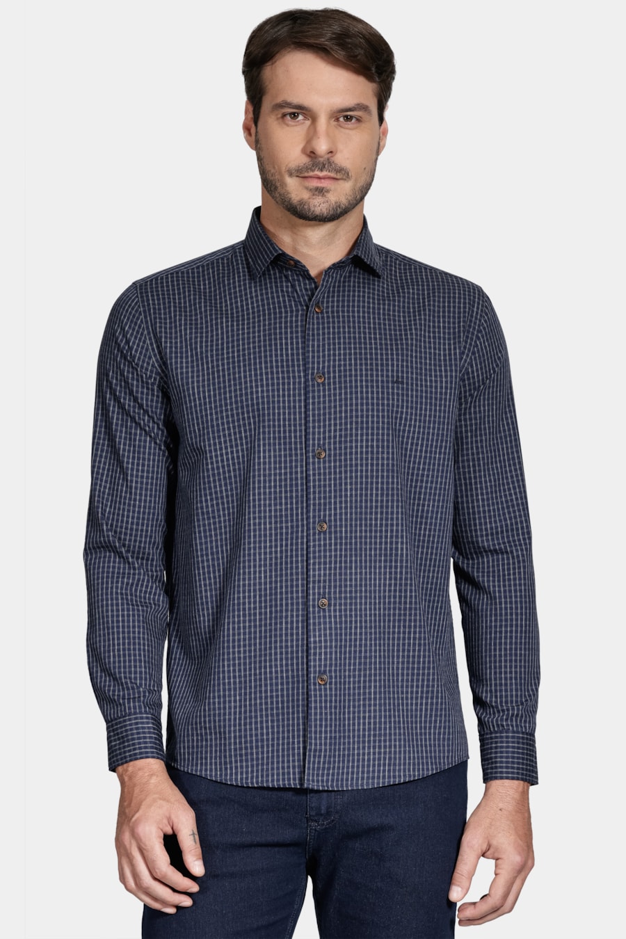 Camisa Manga Longa Move Slim Fio Melange Xadrez Marinho Com Cinza — foto 1 de 5