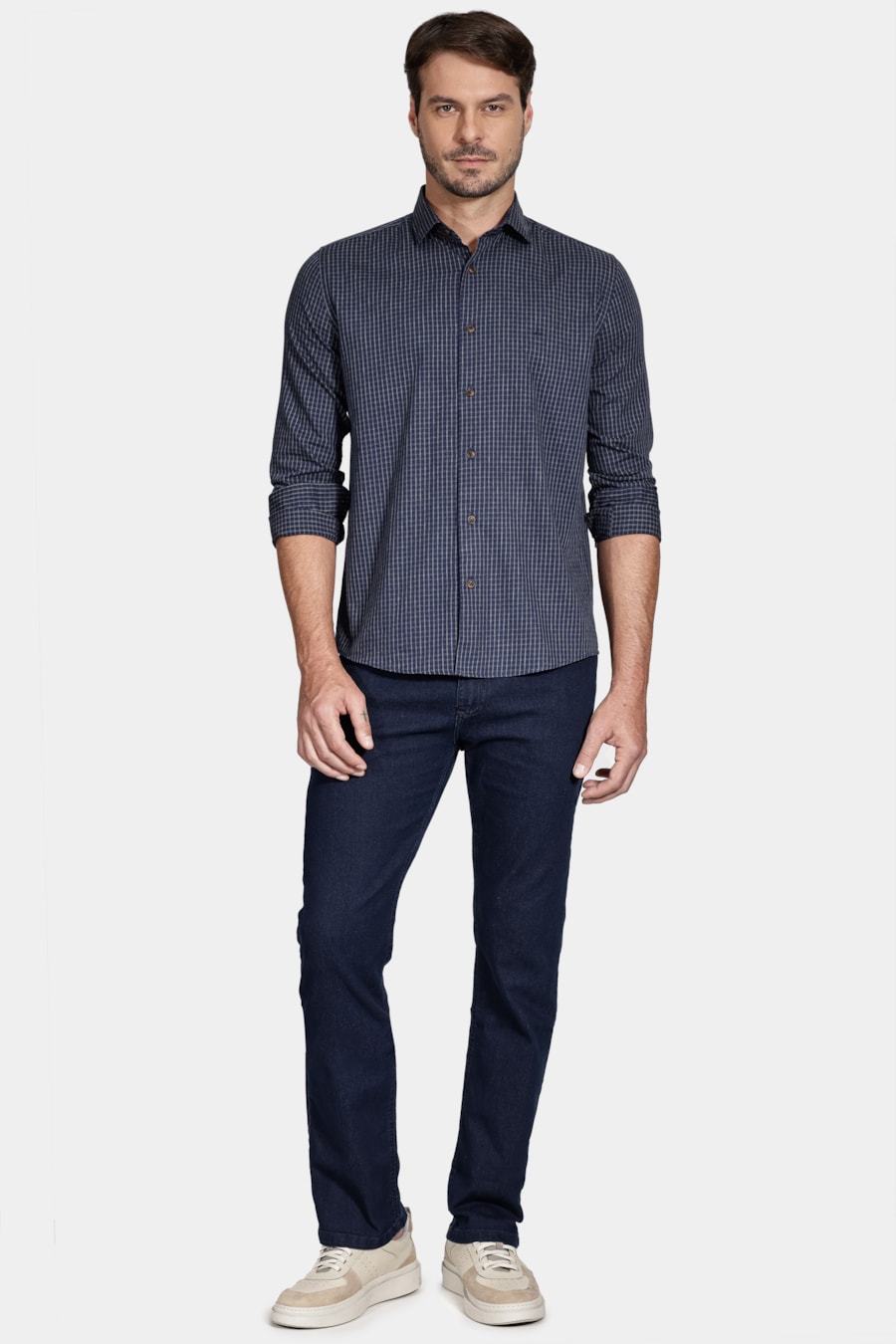 Camisa Manga Longa Move Slim Fio Melange Xadrez Marinho Com Cinza — foto 2 de 5