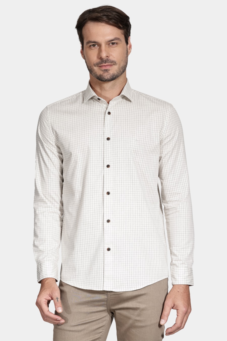 Camisa Manga Longa Move Slim Fio Melange Xadrez Natural Com Cinza — foto 1 de 6