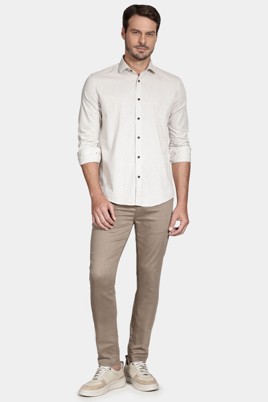 Camisa Manga Longa Move Slim Fio Melange Xadrez Natural Com Cinza — foto 2 de 6