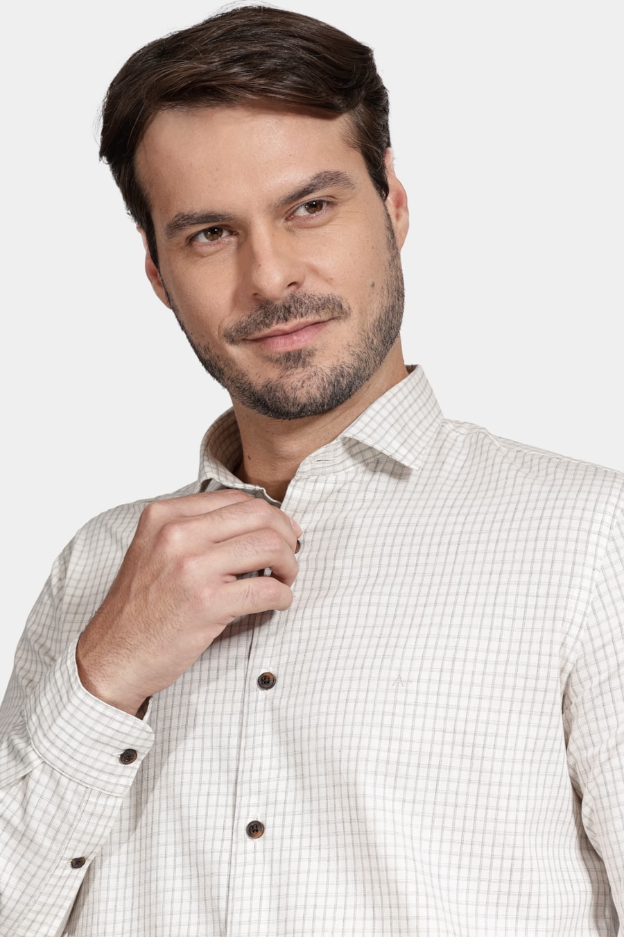 Camisa Manga Longa Move Slim Fio Melange Xadrez Natural Com Cinza — foto 3 de 6